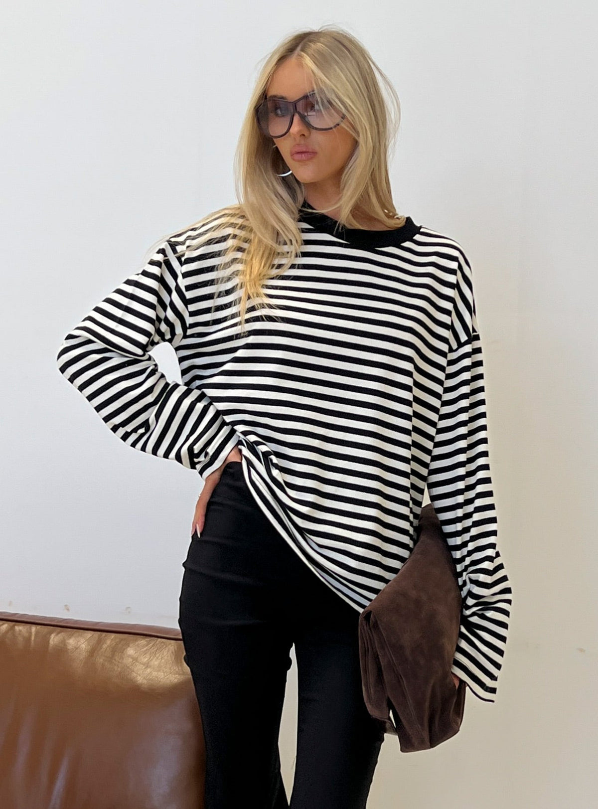 Settle Down Long Sleeve Top Black / White Stripe