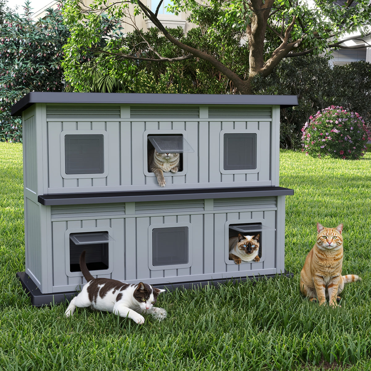 [For Indoor/Outdoor] Large -Weather Resin Outdoor Cat House - Double-Decker Suitable for Cats with Multi-Level Shelter, Assembly Indoor/Outdoor Use, Weatherproof for,, Balcony - Large Space Cat Shelter for Multiple Cats