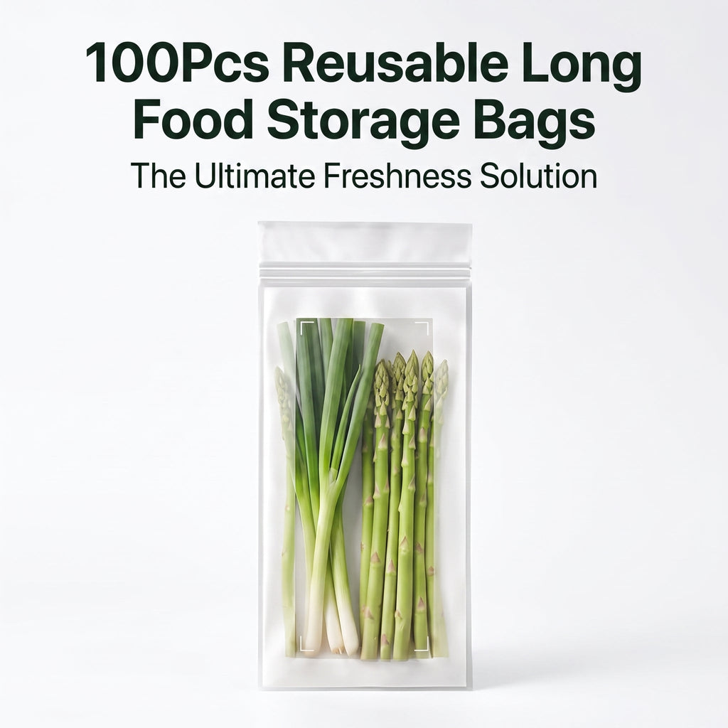 🥬 50/100PCS Reusable Long Food Storage Bags, Double-Zip Seal Freshness Bags for Kitchen